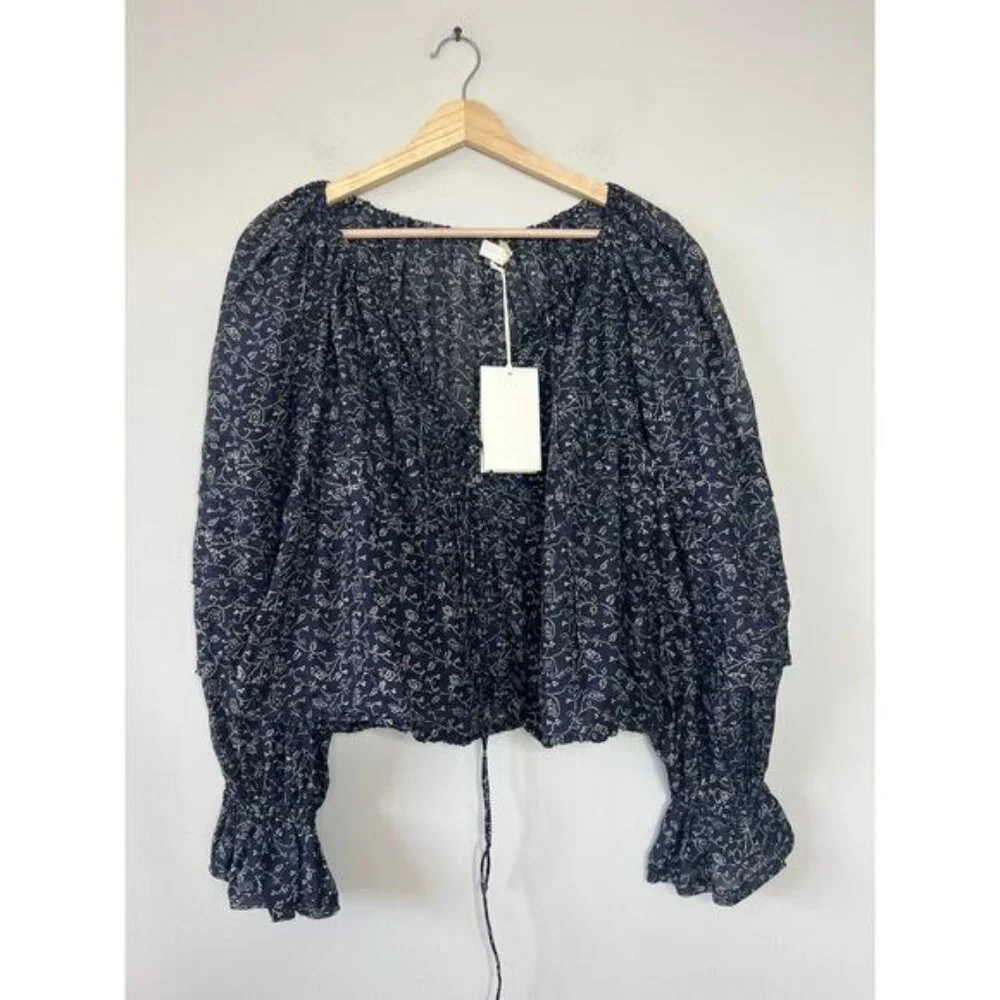 NWT Ulla Johnson Cora Puff-Sleeve Tie Layered Boat Neck Blouse Navy Blue Size: 2